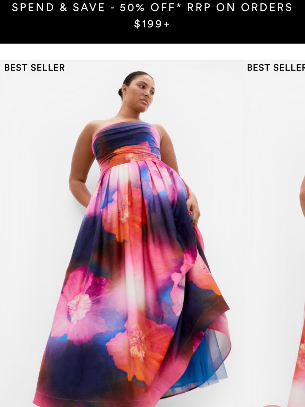 City Chic Strapless Floral Ball Gown in Pink, Purple & Orange